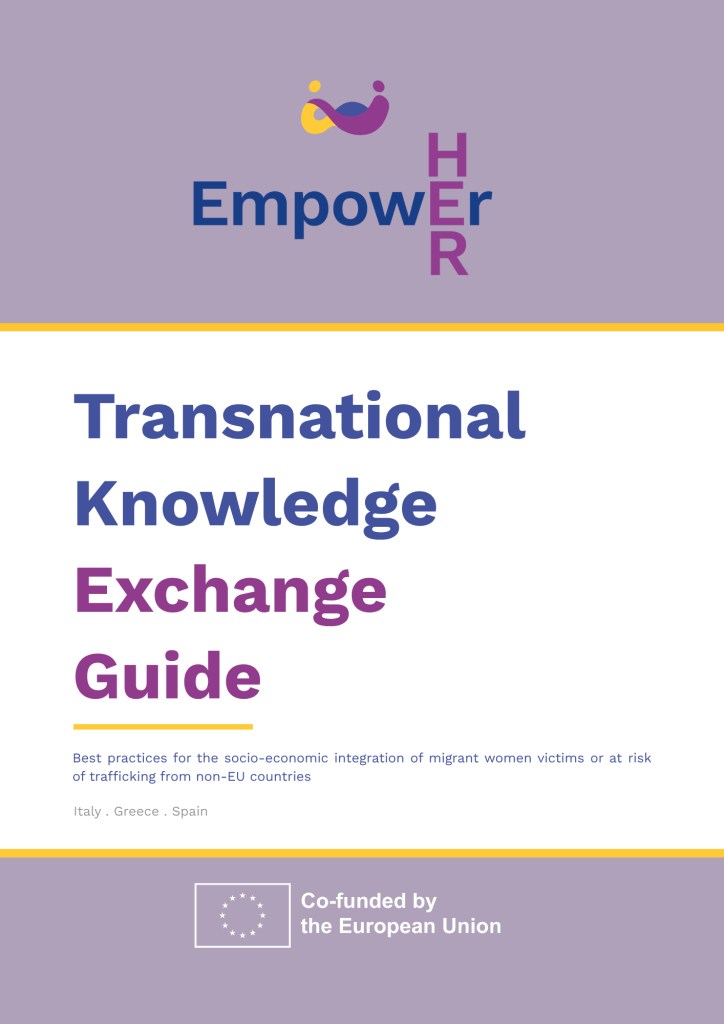 Cover of the forthcoming EmpowerHER Transnational Knowledge Exchange Guide on best practices for the socio-economic integration of migrant women victims or at risk of trafficking.